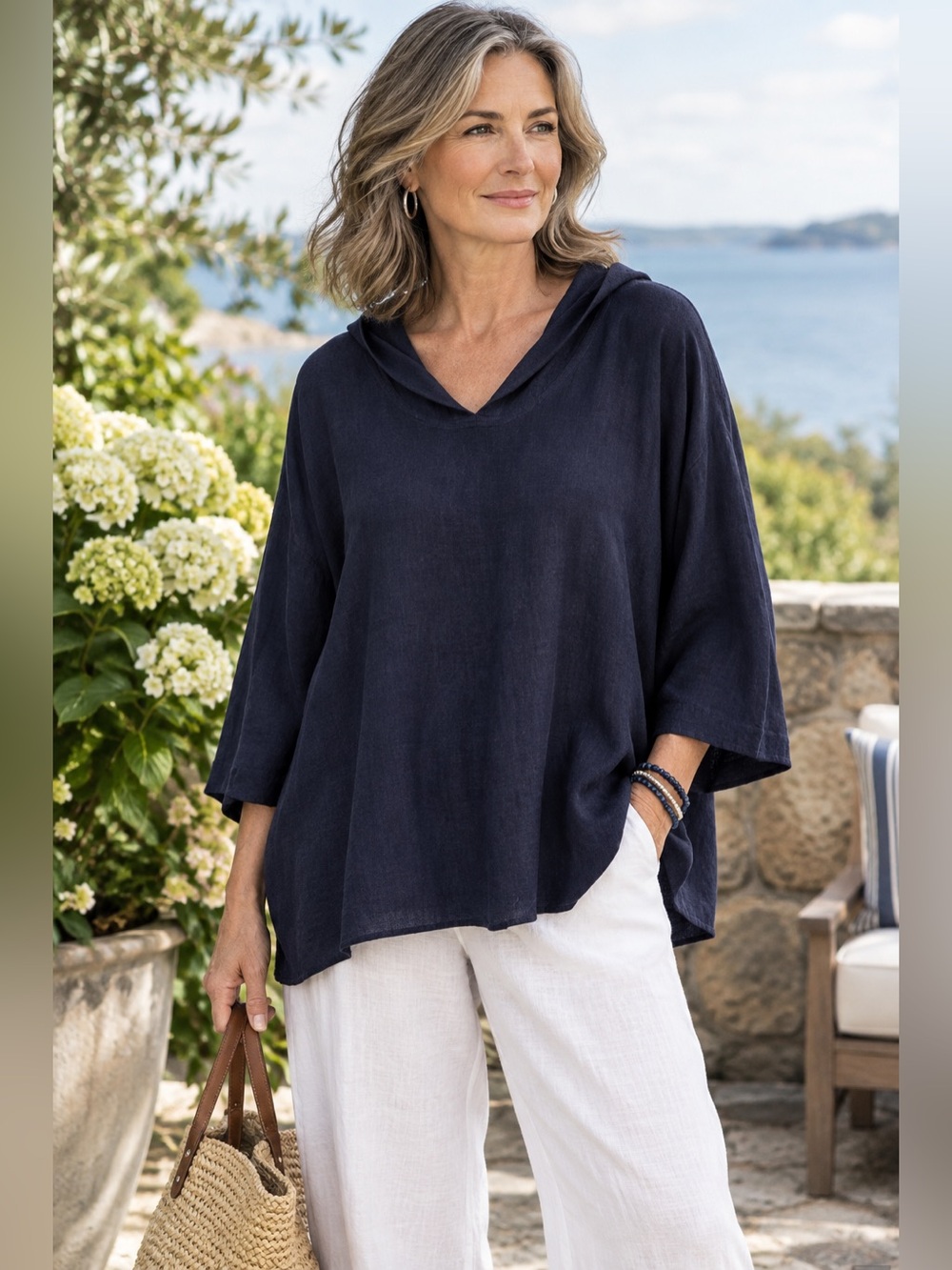 Eileen Fisher Navy Blue 100% organic linen Relaxed Hooded Knit Top - size L